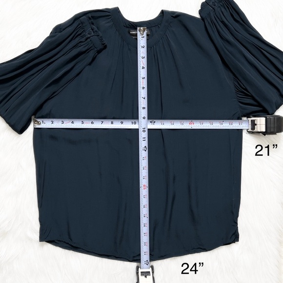 Something Navy Draped Pleated Long Sleeve Navy Blue Buttondown Blouse Top Small - Picture 12 of 12